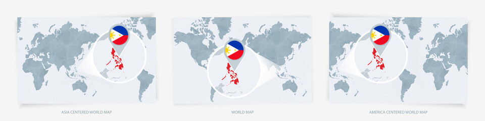 Three versions of the World Map with the enlarged map of Philippines with flag.