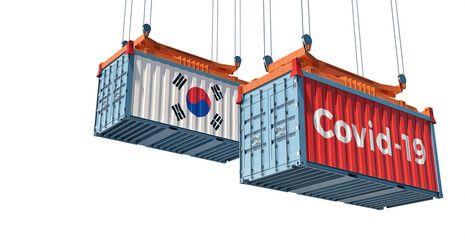 Container with Coronavirus Covid-19 text on the side and container with South Korea Flag. 3D Rendering 