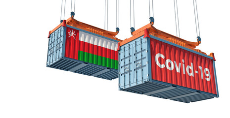 Container with Coronavirus Covid-19 text on the side and container with Oman Flag. 3D Rendering 
