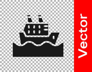 Black Cruise ship in ocean icon isolated on transparent background. Cruising the world. Vector.