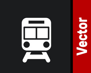 White Train and railway icon isolated on black background. Public transportation symbol. Subway train transport. Metro underground. Vector.