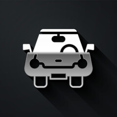 Silver Car icon isolated on black background. Front view. Long shadow style. Vector.