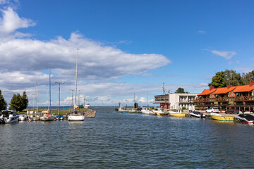Fototapeta na wymiar Marina and harbor for fishing boats in Frombrok on Vistula Lagoon. Poland.