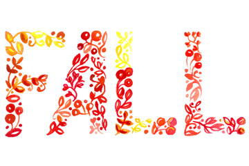 FALL, inscription in openwork yellow-orange letters, watercolor drawing on a white background