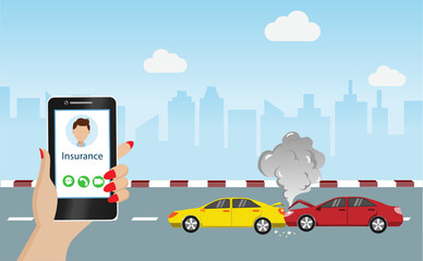Car accident, two cars crashed on the street. Woman hand holding smartphone calling help from car insurance. Car accident and property insurance concept.