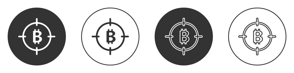 Black Bitcoin in the target icon isolated on white background. Investment target icon. Circle button. Vector.