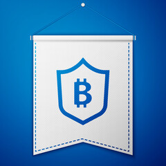 Blue Shield with bitcoin icon isolated on blue background. Cryptocurrency mining, blockchain technology, security, protect, digital money. White pennant template. Vector.