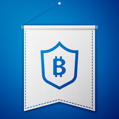 Blue Shield with bitcoin icon isolated on blue background. Cryptocurrency mining, blockchain technology, security, protect, digital money. White pennant template. Vector.