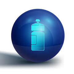 Blue Fitness shaker icon isolated on white background. Sports shaker bottle with lid for water and protein cocktails. Blue circle button. Vector.