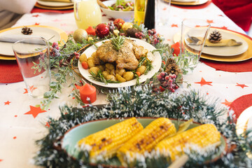 View of various food items on dining table at home