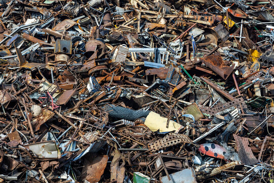stack of scrap metal at recycling junkyard. closeup