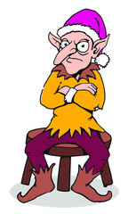 Grumpy cartoon elf sitting on stool