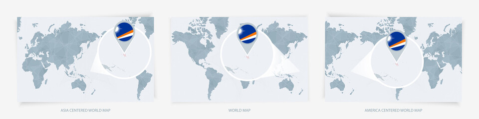 Three versions of the World Map with the enlarged map of Marshall Islands with flag. © boldg