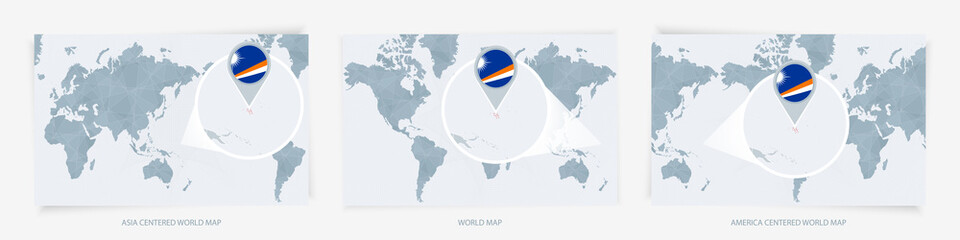 Three versions of the World Map with the enlarged map of Marshall Islands with flag.