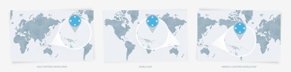 Three versions of the World Map with the enlarged map of Micronesia with flag.