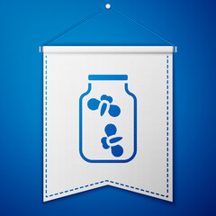 Blue Fireflies bugs in a jar icon isolated on blue background. White pennant template. Vector.