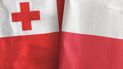 Poland and Tonga two flags textile cloth 3D rendering