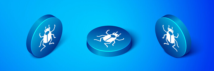 Isometric Beetle bug icon isolated on blue background. Blue circle button. Vector.