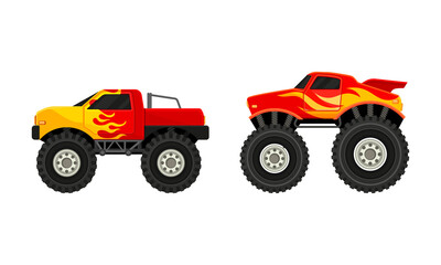 Fototapeta na wymiar Bright Monster Trucks with Oversized Tires Vector Set