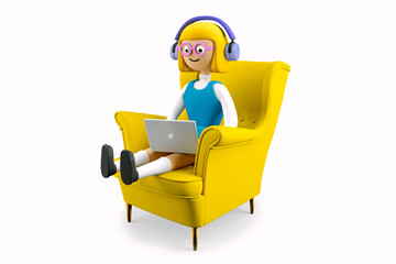 Schoolgirl Sophie learn from home with a laptop. Sophie sits on a chair with headphones, holds a laptop and studies with her class by video link. 3d illustration. 3d rendering