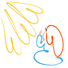 woman prays to God on her knees, light from heaven from hearts