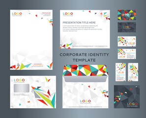 Corporate identity kit in low-poly style. Letter Head design, Presentation template, Envelope, Business Card, CD Cover. Company style. Multicolored version
