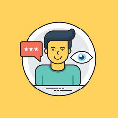 
A person with eye and message bubble with stars , customer reviews  
