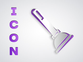 Paper cut Rubber plunger with wooden handle for pipe cleaning icon isolated on grey background. Toilet plunger. Paper art style. Vector.