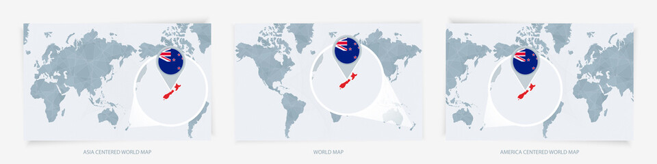 Three versions of the World Map with the enlarged map of New Zealand with flag. © boldg