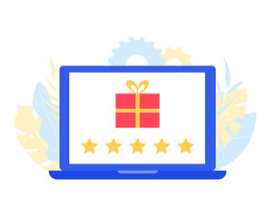 Laptop with gift box and rating stars symbols. Online reward concept. 