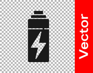 Black Battery icon isolated on transparent background. Lightning bolt symbol. Vector.