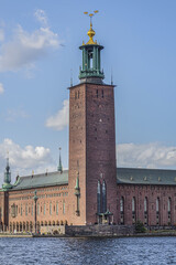 View of City Hall (Stadshuset) building. City Hall hosts the annual Nobel Prize presentations. Stadshuset is the most famous symbol of Stockholm, iconic landmark. Stockholm, Sweden.