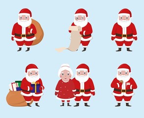 Set of Santa Claus in different poses. Christmas character.Vector illustration isolated on white background.