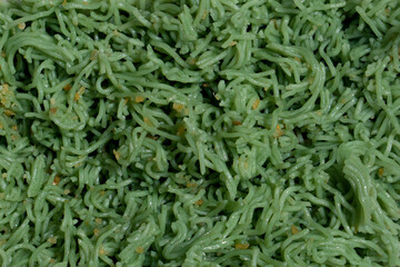 Top view of green noodle or jade vermicelli mix with fried Garlic. for food background.