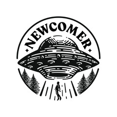 logo UFO abducts human. Space ship UFO ray of light in the night sky. Vector illustration in vintage style © Noctwork
