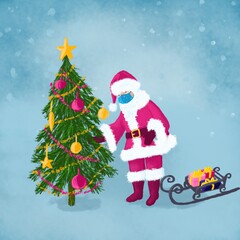 Santa Claus with mask and gift. Merry Christmas and a happy new year! Illustration with the congratulation of the coming year. Winter. Banner