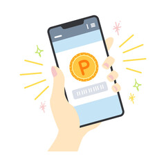 ポイントが表示された画面のスマホを持つ手元のイラスト（線なし）