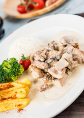 grilled chicken with rice and fried potatoes on white plate