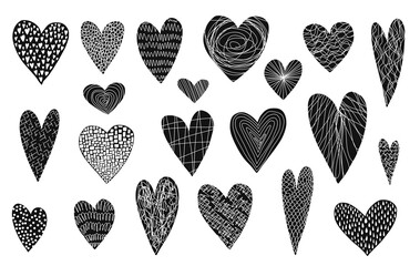 Big collection of cute doodle hand drawn textured hearts for Valentines day greeting cards and banners design. Lovely black and white heart illustration for romantic decoration