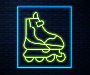 Glowing neon line Roller skate icon isolated on brick wall background. Vector Illustration.