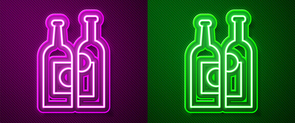 Glowing neon line Bottles of wine icon isolated on purple and green background. Vector Illustration.