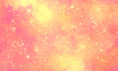 pink yellow space bright festive magic background with many stars and clouds. Universal festive cheerful positive background.