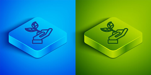 Isometric line Plant in hand of environmental protection icon isolated on blue and green background. Seed and seedling. Planting sapling. Square button. Vector Illustration.