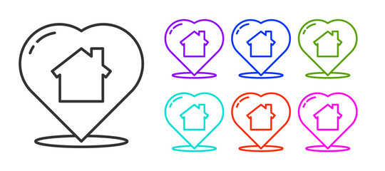 Black line House with heart shape icon isolated on white background. Love home symbol. Family, real estate and realty. Set icons colorful. Vector Illustration.