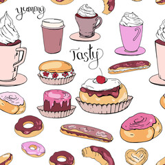 Seamless pattern with pastry. Endless texture for festive design, restaurant and cafe menu, decoration.