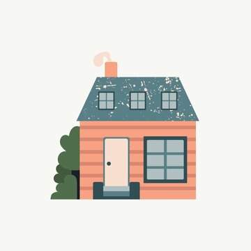 Cartoon Cottage. Hand drawn home facade with texture frond view, cute bright townhouse and family house in countryside, real estate modern design flat vector isolated illustration