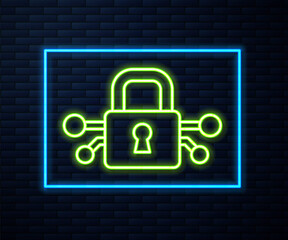 Glowing neon line Cyber security icon isolated on brick wall background. Closed padlock on digital circuit board. Safety concept. Digital data protection. Vector.