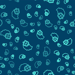 Green line Human head with shield icon isolated seamless pattern on blue background. Vector.