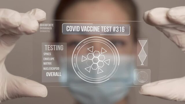 Female scientist testing corona virus vaccine with artificial intelligence on transparent tablet. Big data, ai. Grey isolated background