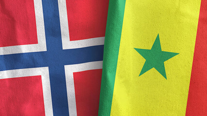Senegal and Norway two flags textile cloth 3D rendering